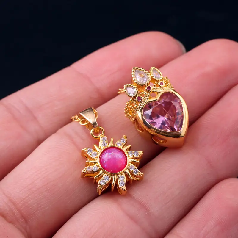 2PCS/Lot Anime Princess Long Hair Sun Crystal Crown Charm Necklace Rapunzel Rhinestone Girl Gift Pendant Chain Elegant Jewelry - Image 3