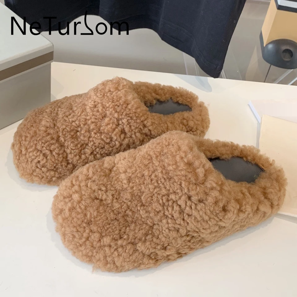 

Autumn winter couples neutral furry slippers women's home sheep curly hair closed toe slides men's casual flat bottom slippers