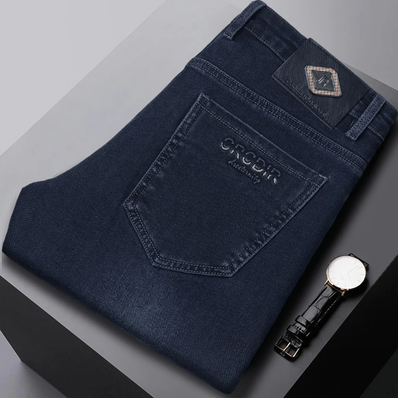 2024 Autumn Winter New High Elasticity Men's Business Jeans Haze Blue Black Gray Denim Trousers Men's Pants Work Clothes Brand 6