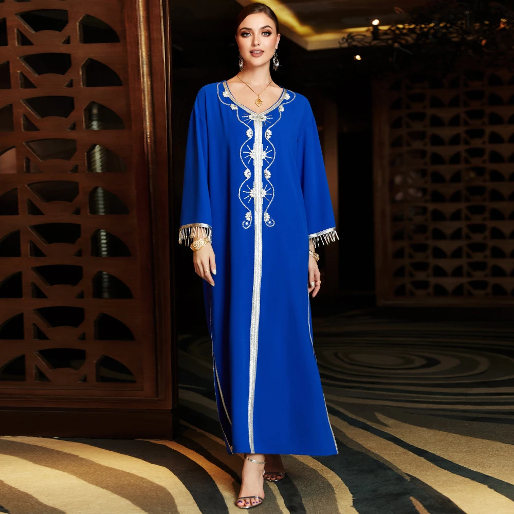 

Eid Ramadan Muslim Party Evening Maxi Dress Pearl Tassel Abaya Turkey Dubai Kaftan Marocain Robe Islamic Jalabiya Women Caftan