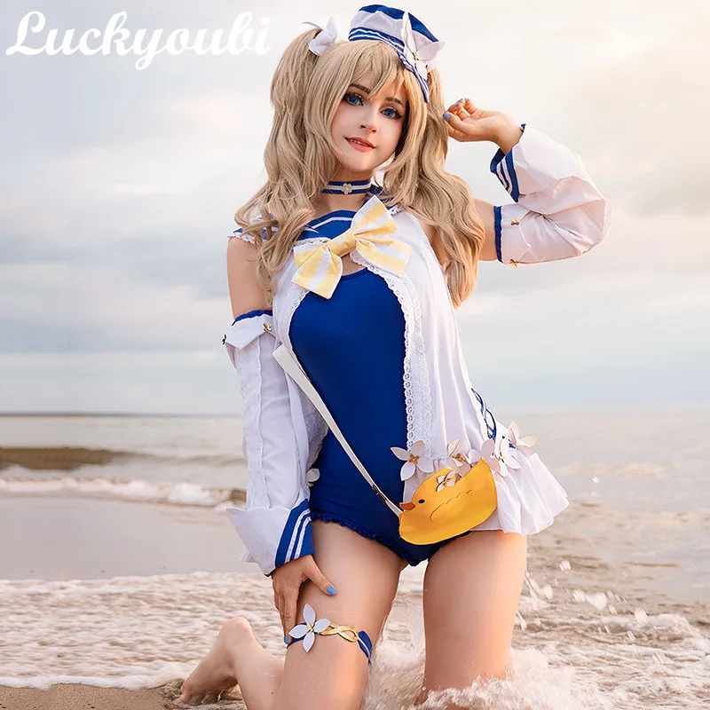 

Game Genshin Impact Barbara Cosplay Costume Swimsuit Summertime Sparkle Barbara Cosplay Costume Swimwear with Bag