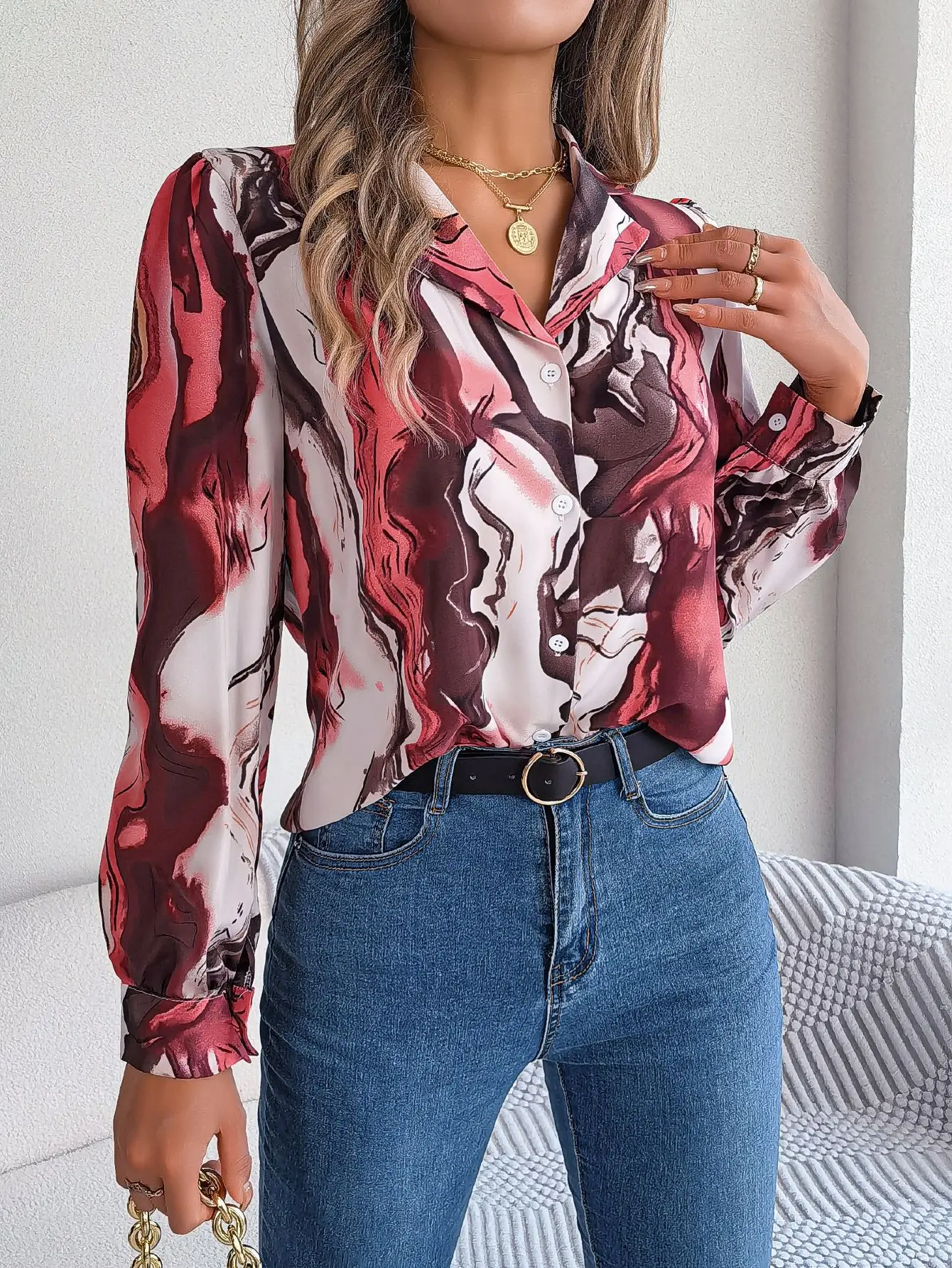 Autumn Winter Women Casual Notched Long Sleeve Blouse