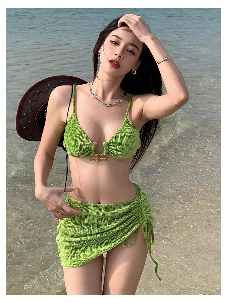 3 Pieces Sexy Bikini Set 2023 New Brazilian Women Swimwear With Skirt Velvet Pleated Beachwear Cover-up Bathing Bikinis Suits