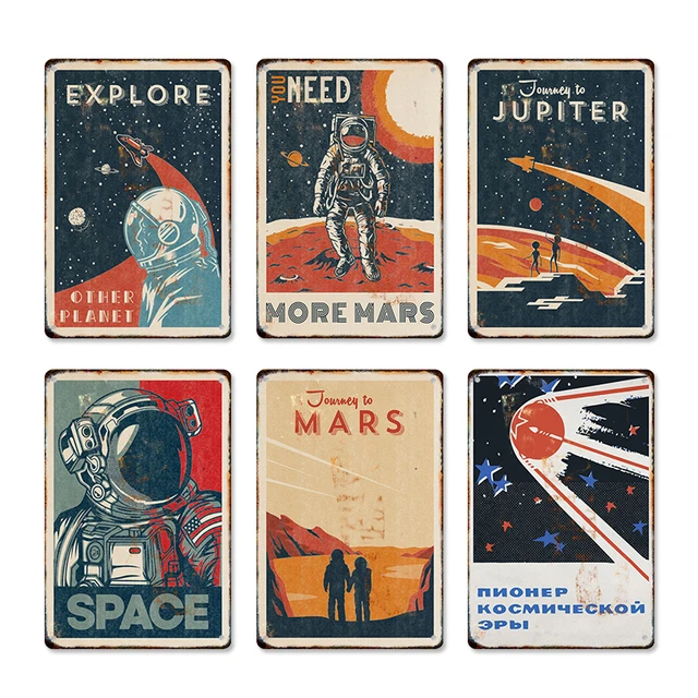 Astronaut Planet Retro Metal Poster Vintage Tin Signs Kitchen Bar Club Wall Art Plaque for Modern Home Room Decor Aesthetic