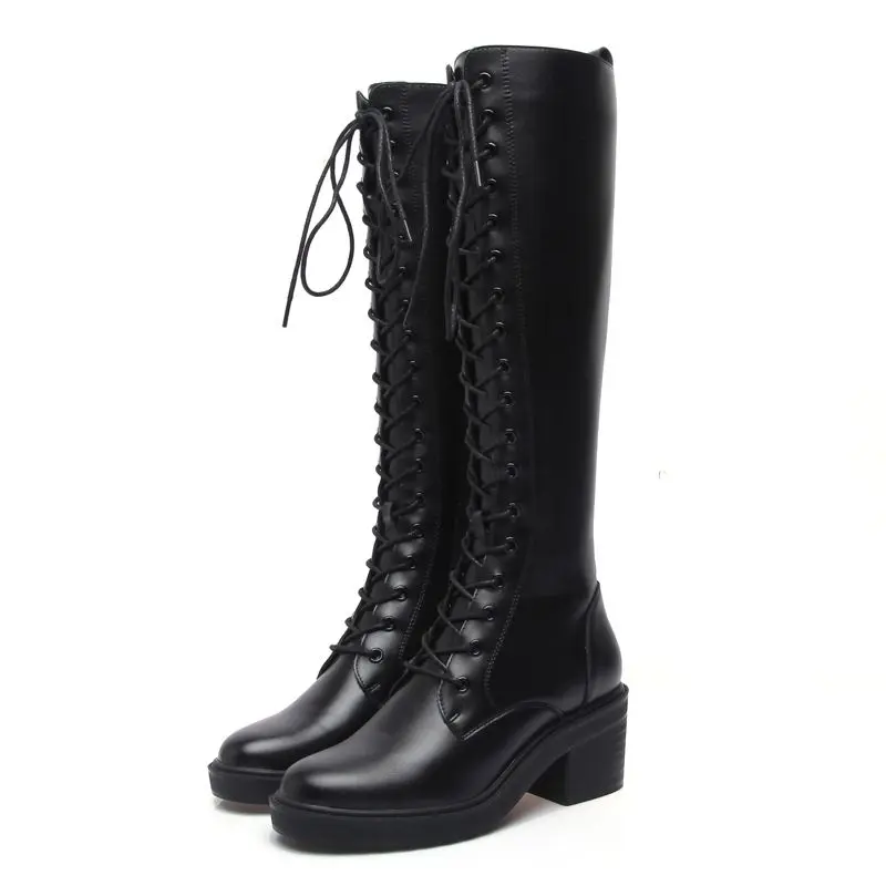 High Heels Laces Knee Shaft Ladies Boots Women Winter
