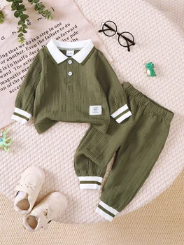 Summer 0-3 Years Old Infant Baby Boys Collar Long Sleeved Casual 2-Piece Set 1