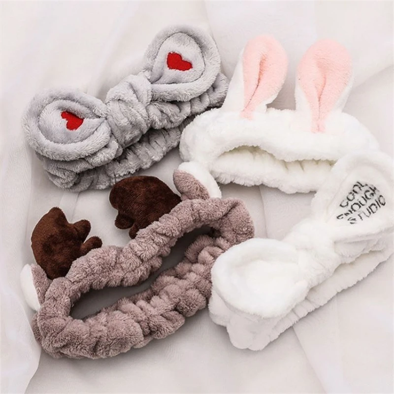 Wash Face Hair Holder Hairbands Soft Warm Coral Fleece Bow Animal Ears Headband For Women Girls Turban Fashion Hair Accessories jeans women high street style destroy wash high waist wide leg pants fashion euro america style girls baggy jeans women