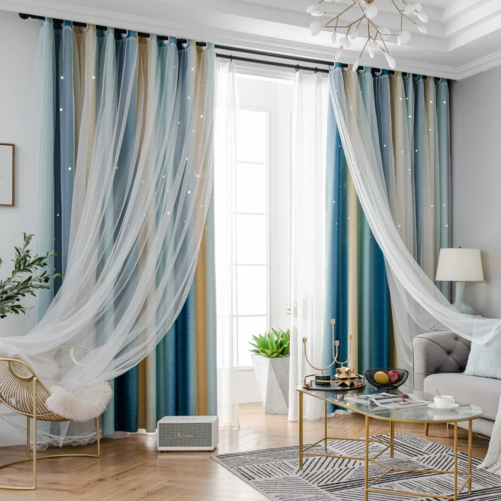 Ahoyikaa Shiny Hollow Stars Double Blackout Curtains Gradient Color Cloth White Sheer Yarn For Living Room Bedroom Decoration 2
