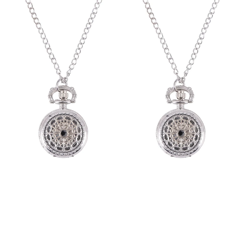 2X Silver Plated Pendant Watch Chain Clock Quartz Watch As Necklace