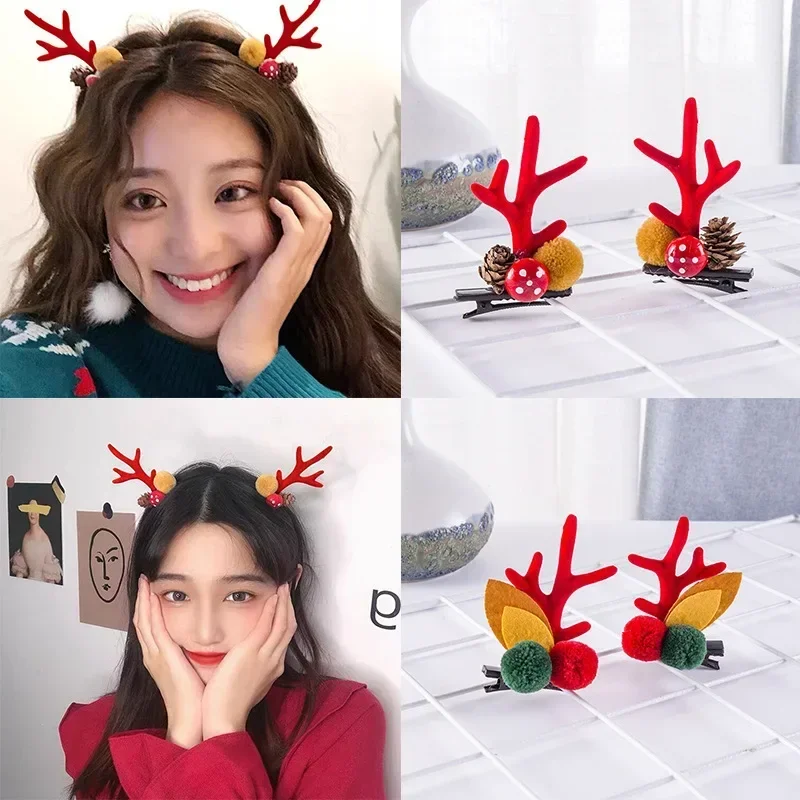 2pcs Cute Christmas Style Headwear Reindeer Ears Hair Clip Classic Xmas Women Hairpin Party Cosplay Hair Accessories for Girls