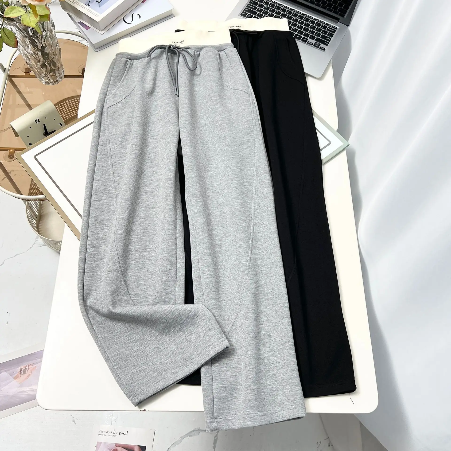 XXXXL Fashion Plus Size Women's Straight Leg Pants Autumn And Winter New Style Fleece Thickened Casual Sweatpants Warm Trousers