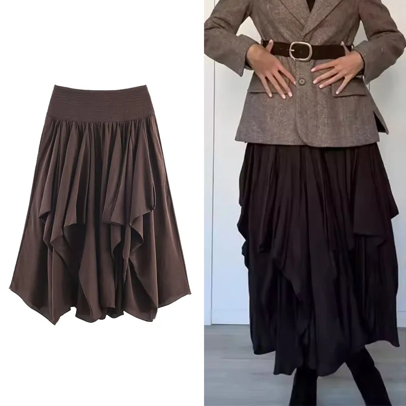 Ruffles Pleated Long Skirts For Women Fashion 2025 New Vintage High Waist Midi Skirt High Street Casual Chic Party Skirts