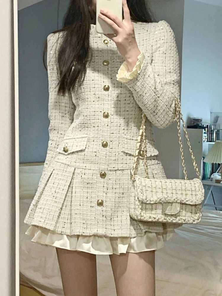 

Beige Autumn France Elegant Dress Women Button Designer Party Dress Female Patchwork Korean Style Casual Vintage Dress 2023 New