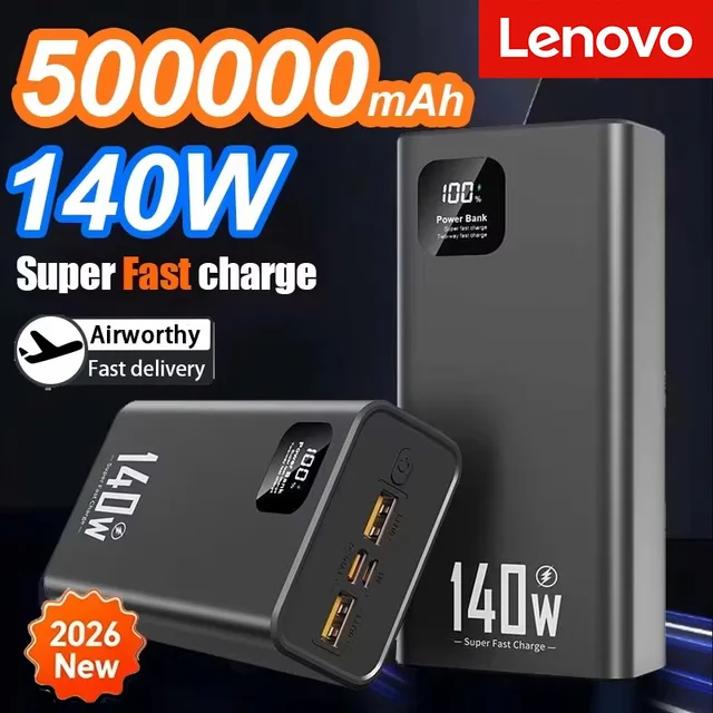 Lenovo 140W 500000mAh High Capacity Power Bank Super Fast Charging Portable Battery Charger Digital Display For iPhone Samsung