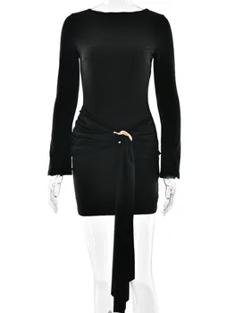 Articat Elegant Long Sleeved Bodycon Lace Up Dress Women Autumn/Winter New Round Neck Tight Party Evening Dress2025 Slim Vestido 6