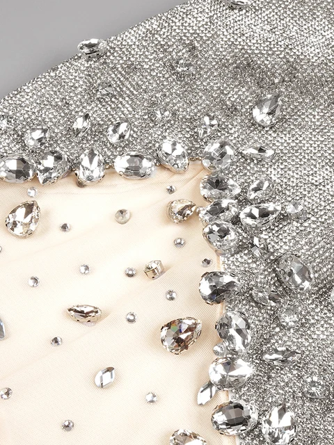 VC Luxury Dress Women Glitter Cystal Beaded Silver Patchwork Mesh Short Party Clubwear Stage Performance 2