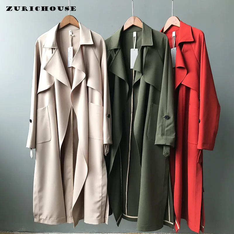 

ZURICHOUSE UK Style Vintage Elegant Women's Windbreaker With Belt Fashion Split Long Overcoat Female Casual Chic Trench Coat