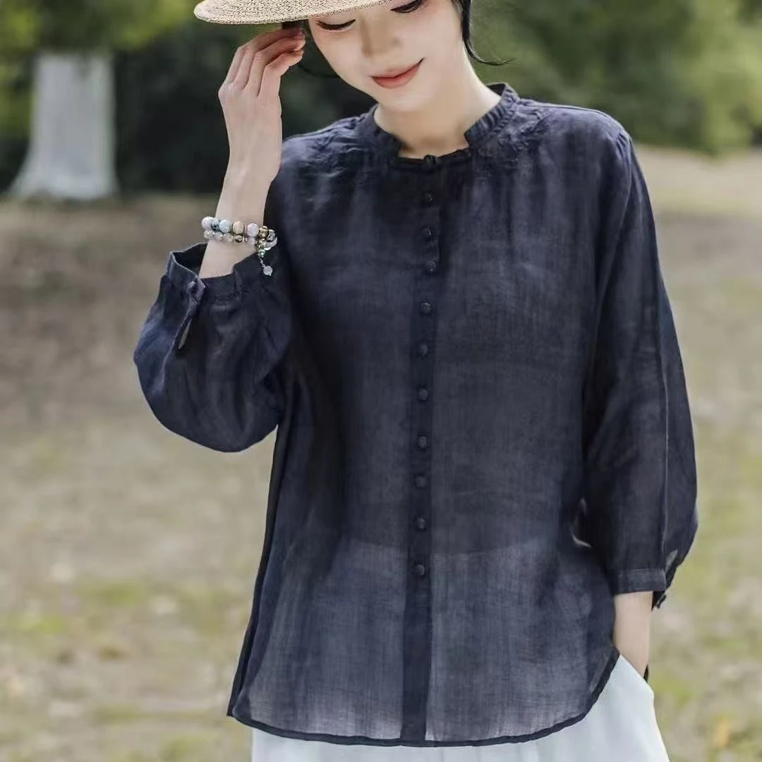 Elegant Harajuku Slim Fit Female Loose Casual All Match Tops Women embroidery Button Three Quarter Sleeve Blouses