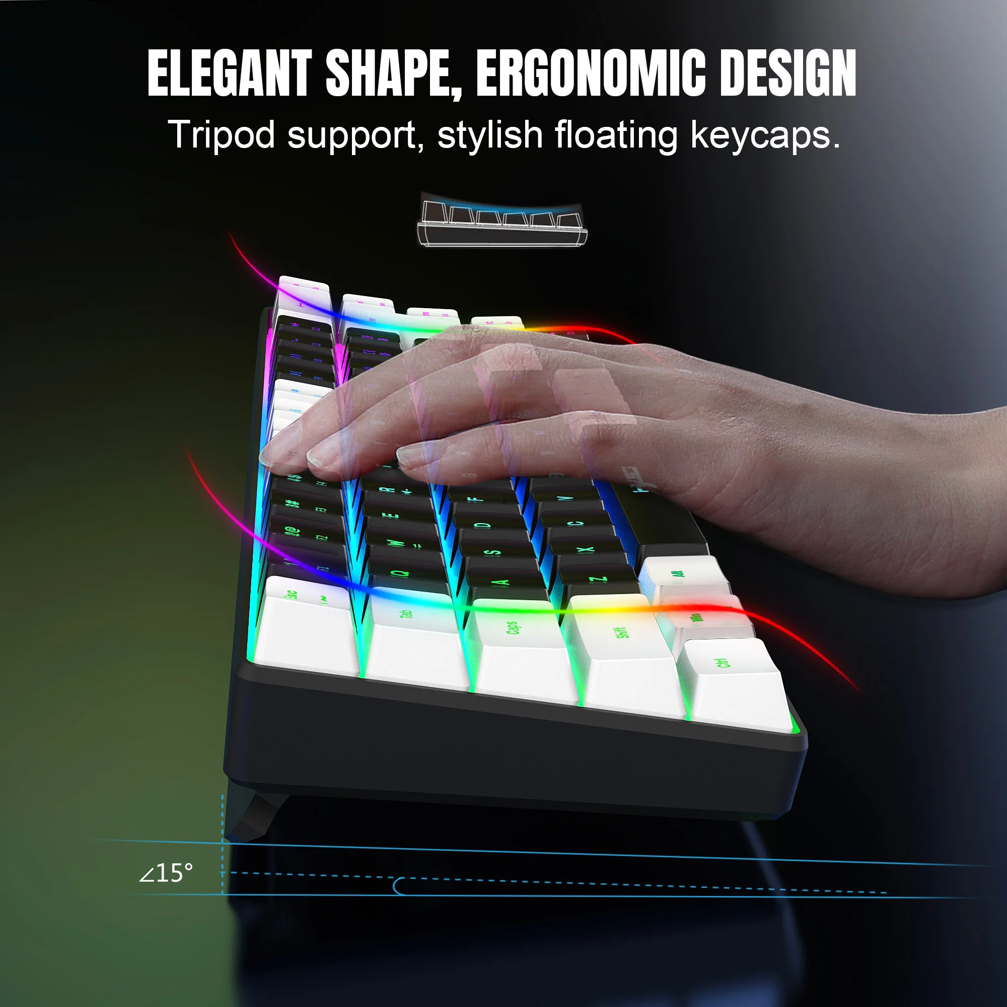 68 키 게임용 키보드 USB 유선 휴대용 20 RGB 백라이트 키보드 Windows 노트북 컴퓨터 용 흑백 키캡