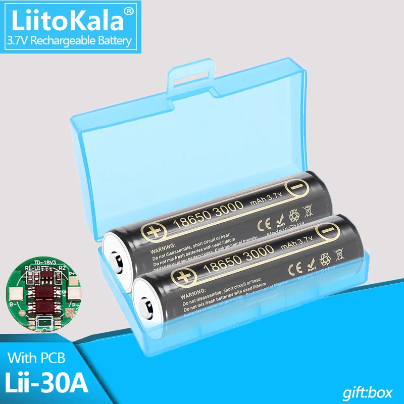 LiitoKala-Bateria Recarregável para Lanterna, Lii-30A com PCB,