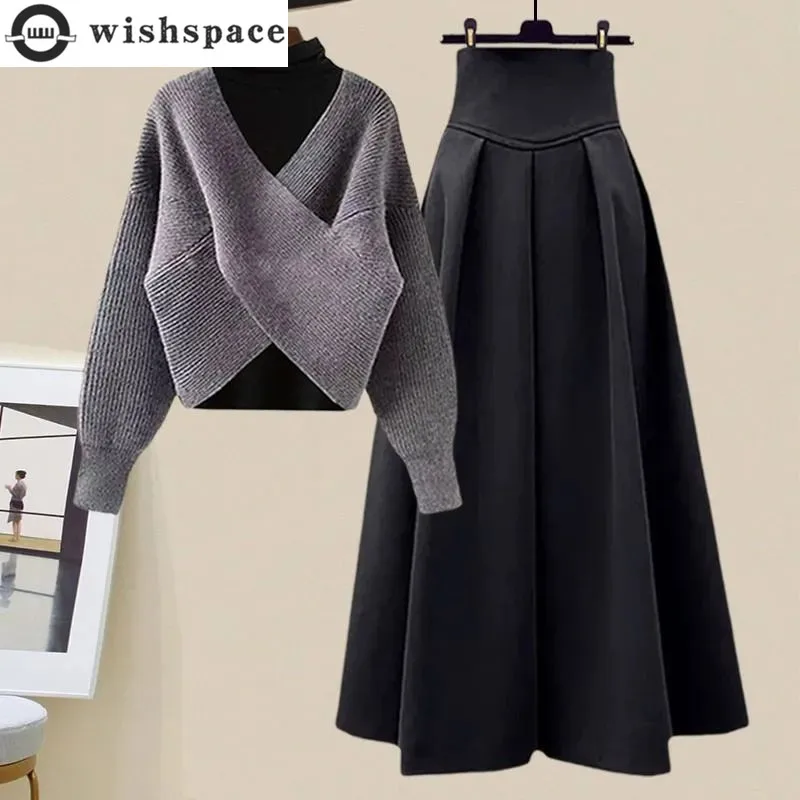 Spring and Autumn Set Women's 2023 New Korean Fashion Underlay Sweater Casual Sweater Waist Wrapped Half Skirt Three Piece Set