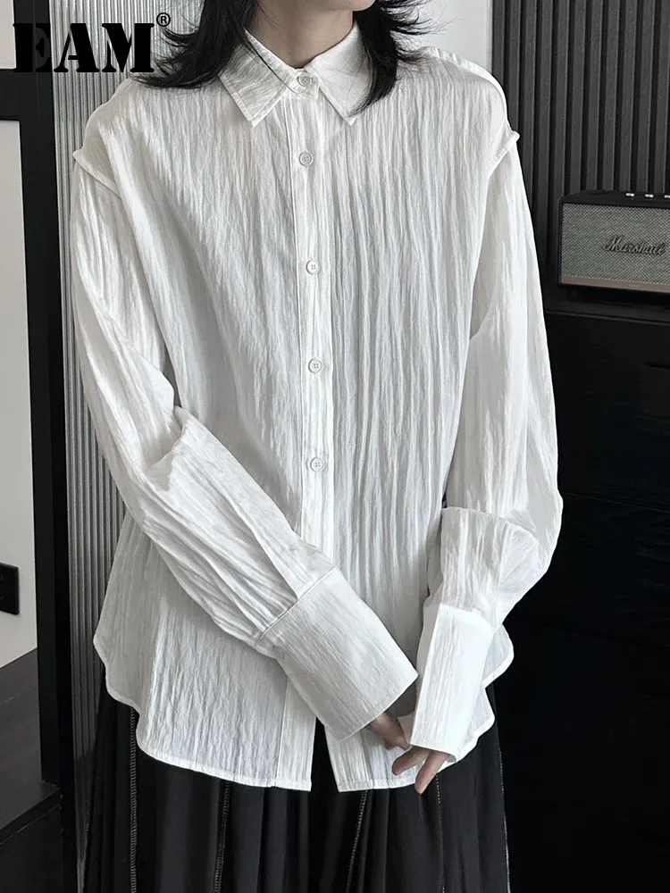 

Женская прозрачная блузка EAM, бежевая плиссированная рубашка с отложным воротником и длинным рукавом, большие размеры, весна-осень 2024