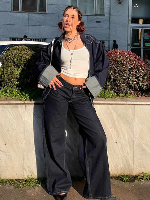 Fashion Denim Jacket Set Women Lapel Single Breasted Long Sleeve Coat Straight Jeans Pants 2025 Spring Lady High Street Outfits 5