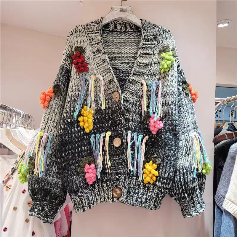 

Винтажный однобортный Кардиган в стиле пэчворк контрастных цветов с бахромой и V-образным вырезом, свитер, Повседневная Свободная трикотажная одежда, топы X569