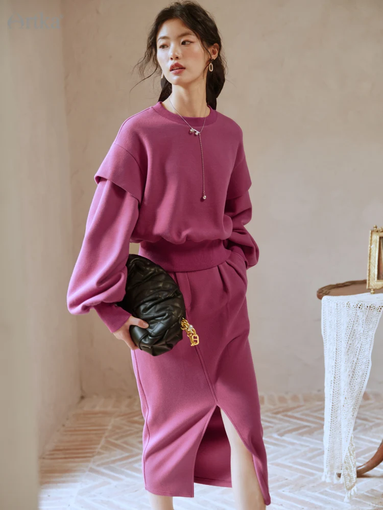 ARTKA 2022 A/W New Women Suit Fashion Loose O-Neck Short Sweatshirt Two Piece Set Irregular High Waist Split Midi Skirt TZ92322Q