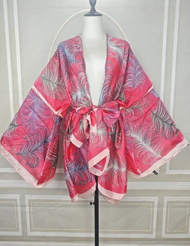 Blogger africani estivi rosa Cardigan larghi alla moda Formato libero Boho Piuma stampata davanti aperto KImonos Holiday Beach Cover Up 1