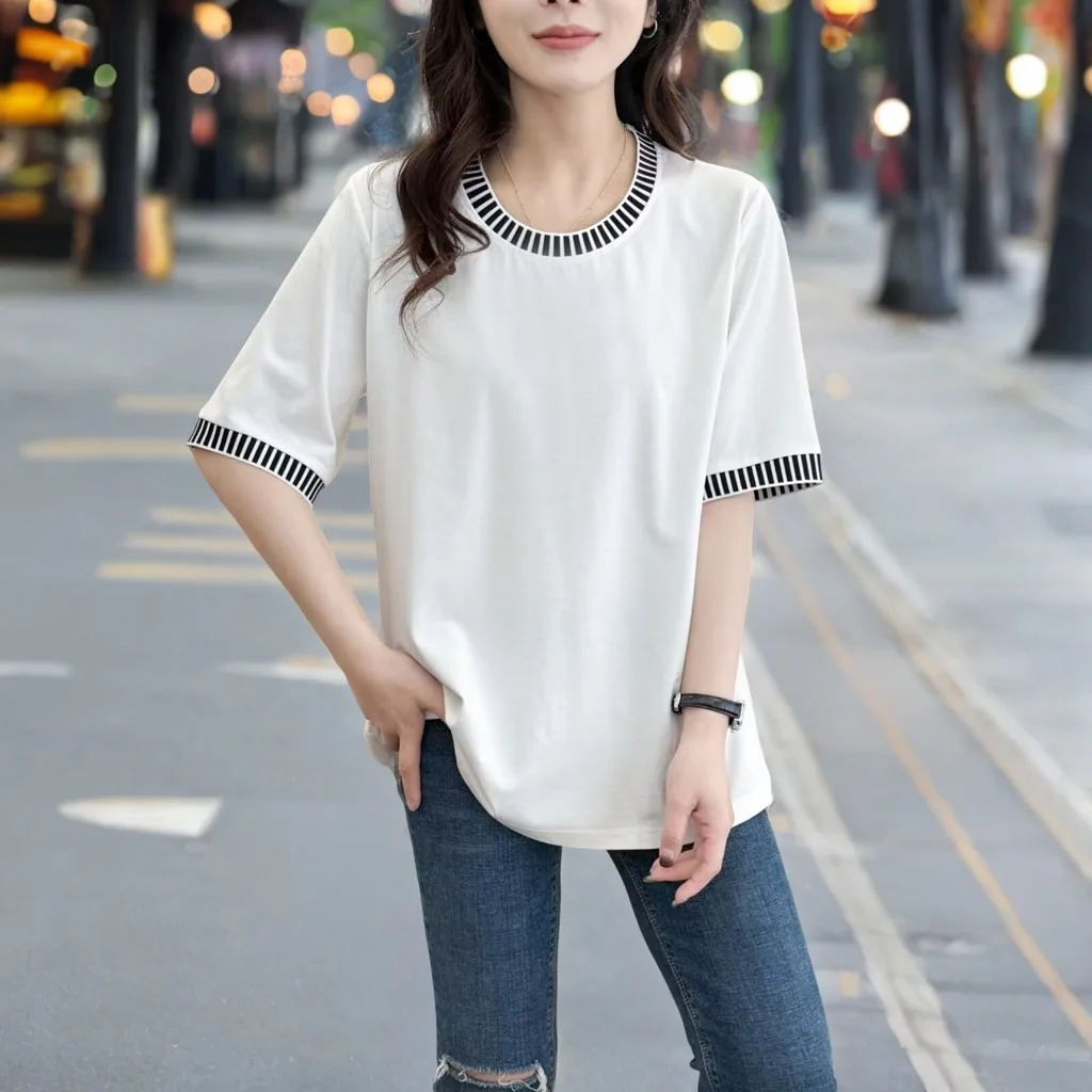 100kg Summer New Top Casual Striped Thread short-sleeved Tees Plus Size Women's T-shirt 2016