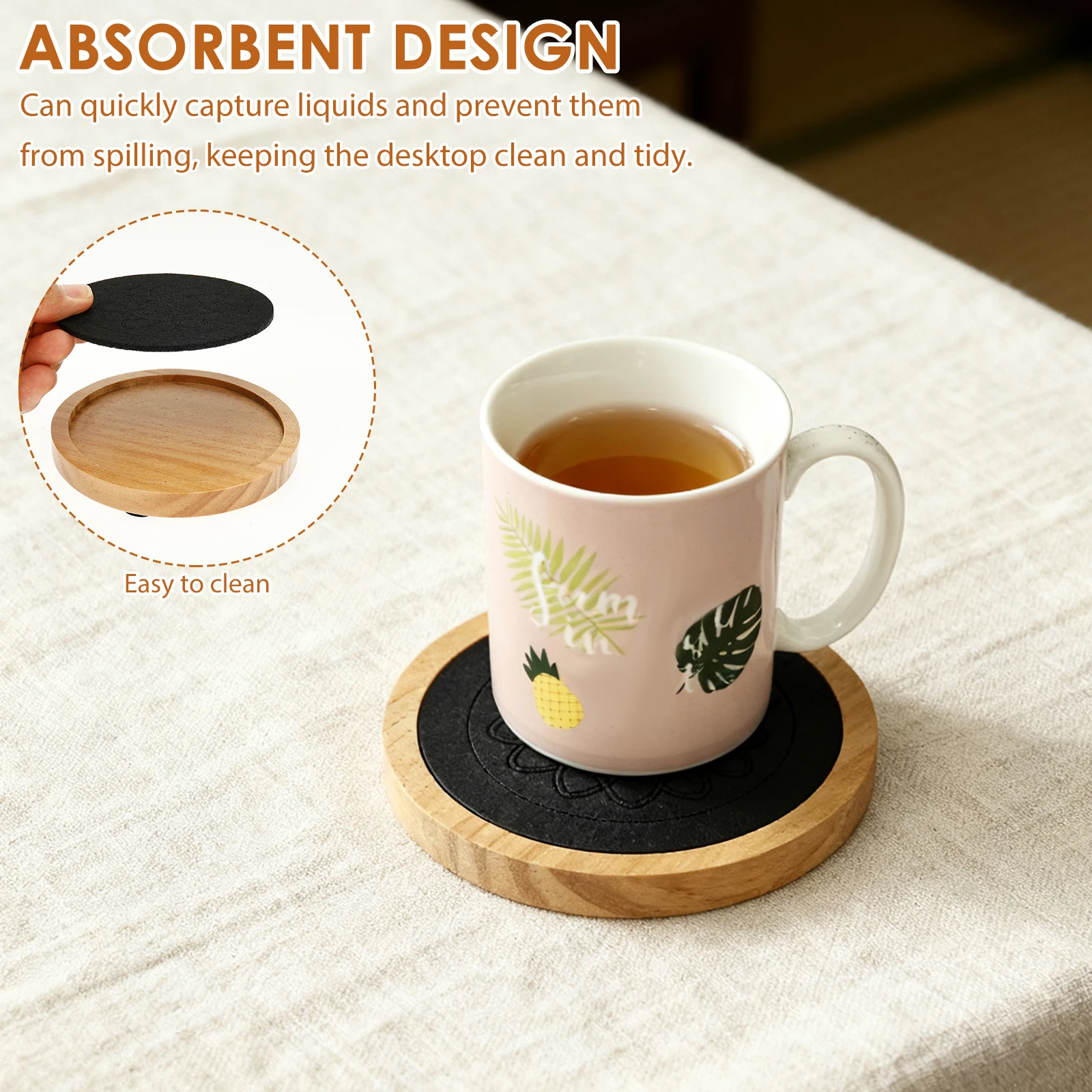 5Pcs Wood Coasters Home Dining Table Decor Wood Cup Pad Round Wood Cup Mat Felt Absorbent Coaster Set for Coffee Hot Drinks