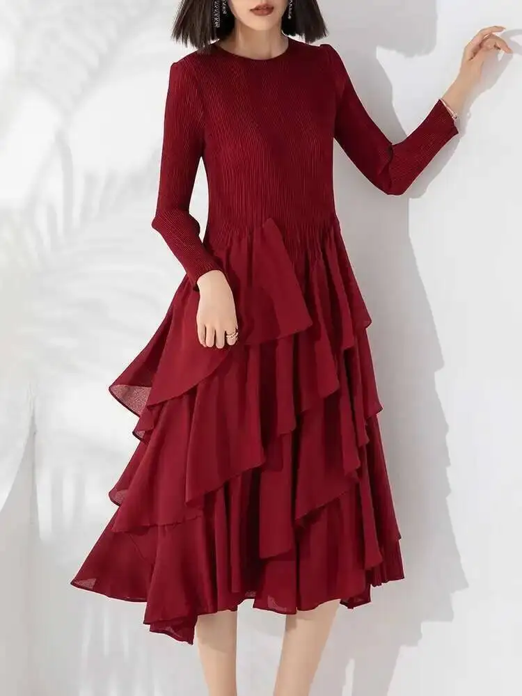 LANMREM Ruffles Pleated Dress Women's Round Neck Long Sleeves Layers Solid Color Stitching Party Clothing New Trendy 2DA2217 - Image 3