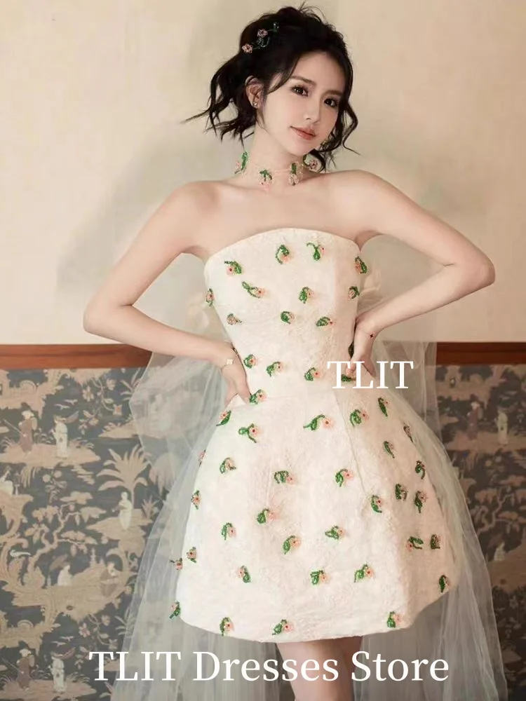 TLIT White Satin Evening Gown Dress Wedding Dress Photo Shoot Strapless Long Tulle Mini-Length Prom Gown Formal Party
