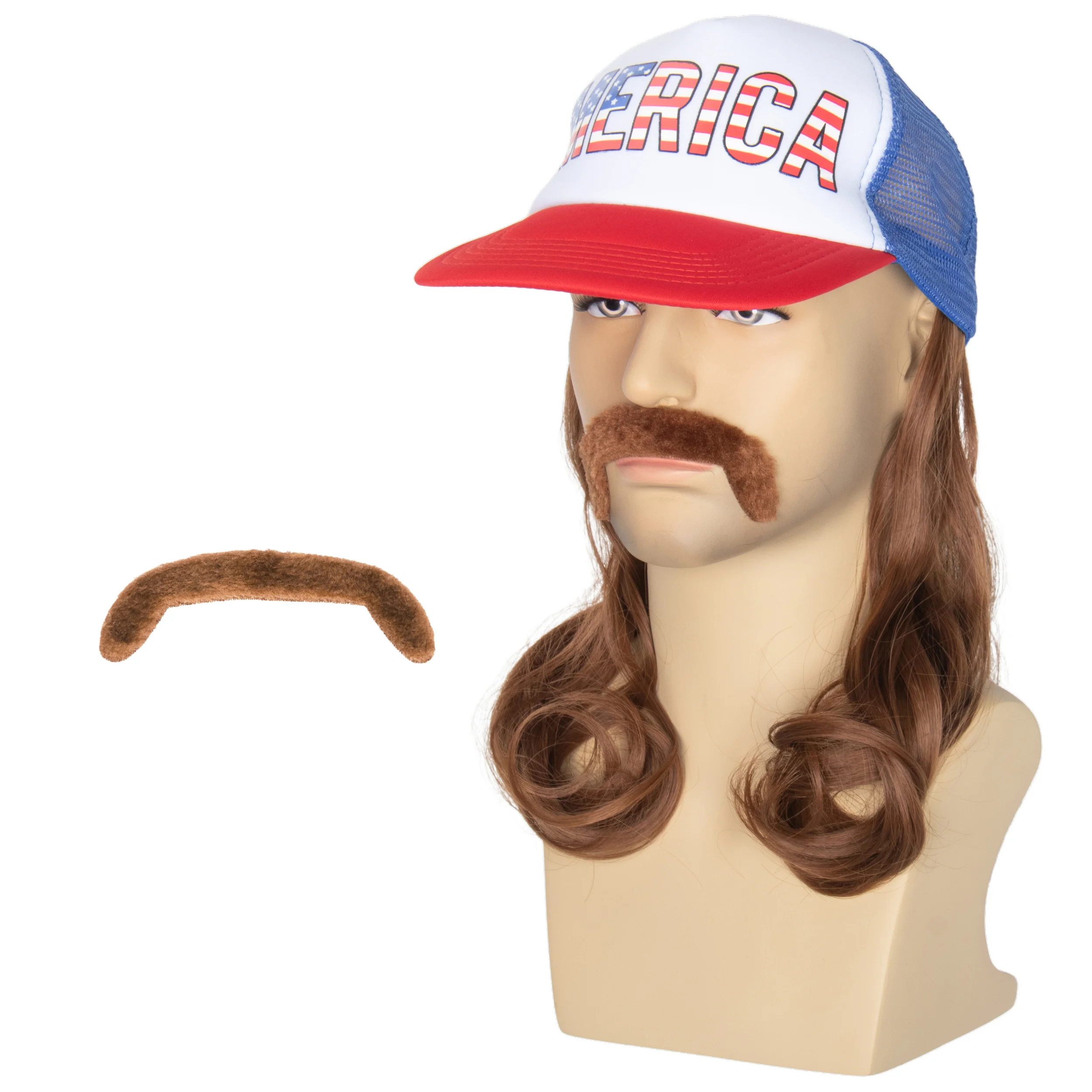 

4th of July American Costume Wig Men USA Mullet Hat Brown Wig with Mustache Cap with Wig (Brown)