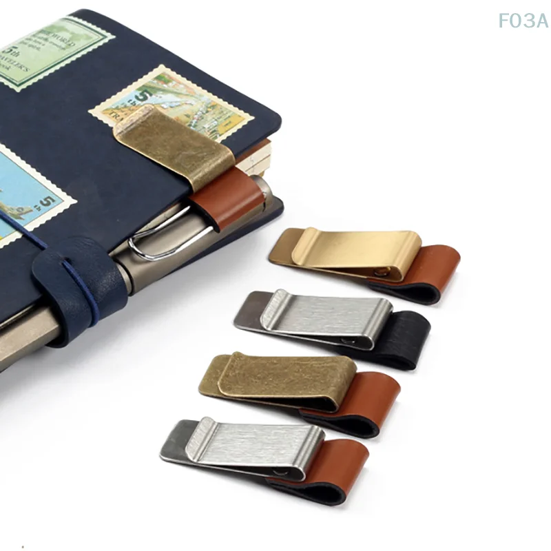 1Pcs Stainless Steel Leather Diary Notebook Folder Brass Paper Clip Pen Holder Handmade Office Supplies