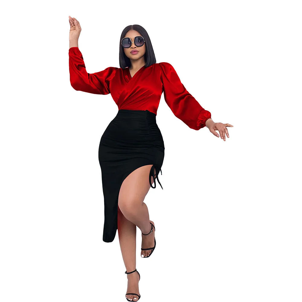 

Spring Autumn Elegent African Women Long Sleeve V-neck Polyester Two Pieces Sets Top and Skirts African Clothes Women