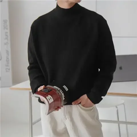thumbnail image 1 of Suéter de punto de color sólido, jersey de cuello alto para hombre, ropa de hombre, jersey de cuello alto liso para negocios, calentado, overfit, barato, tendencia 2024 X, 1 of 5