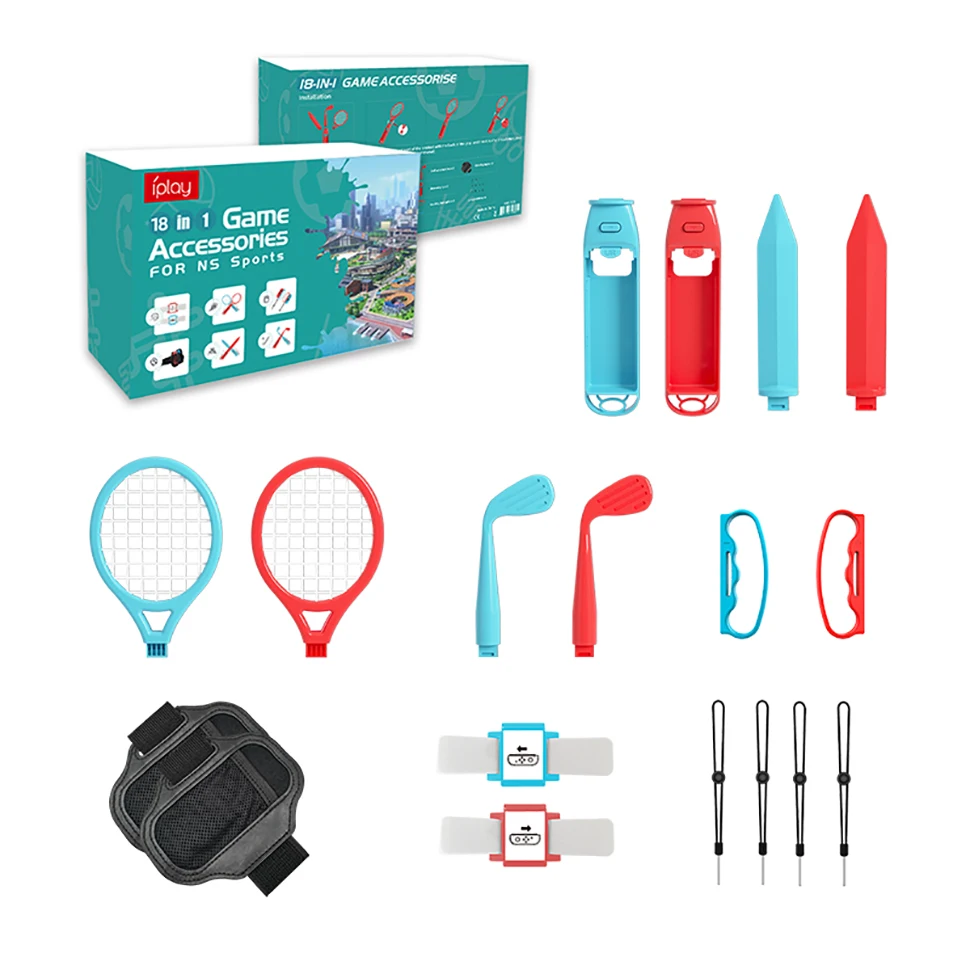 Kit di accessori 18 in 1 per giochi sportivi Switch per Switch Gioco per feste in famiglia Accessori sportivi Pacchetto Inside Racchette da tennis/Go