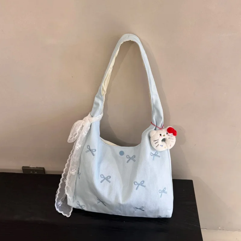 Korean Blue Bow Embroidered Canvas Bag for Women 2025 New Large Capacity Single Shoulder Tote Bag Commuter Underarm Bag