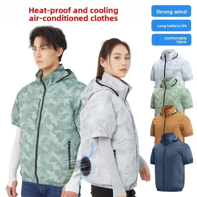 Summer Cooling Fishing Shirt Men Women Short Sleeve Air Conditioner Outdoor Camping USB Fan Jacket Breathable Sun Protection