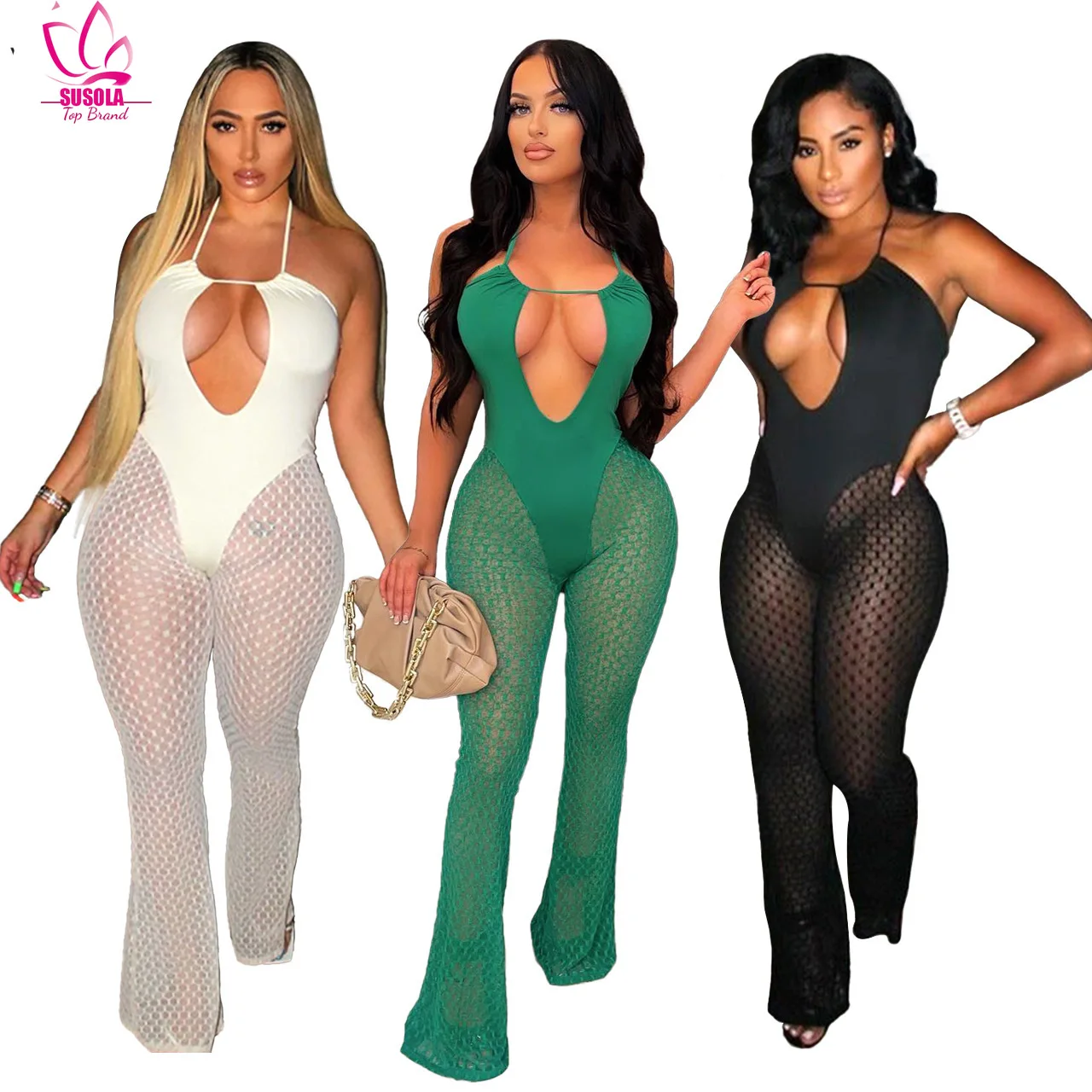 

SUSOLA Lady Summer Nightclub Halterneck See Through Mesh Jumpsuit Woman Sexy Strappy Hollow Stitching Flared Trouser Romper