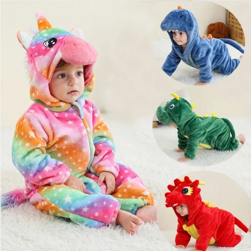 

Cute Cartoon Baby Boys Rompers Winter Flannel Pyjamas Unicorn Dinosaur Tiger Lion Fox Onesie Kids Kigurumi Pajamas for Girls