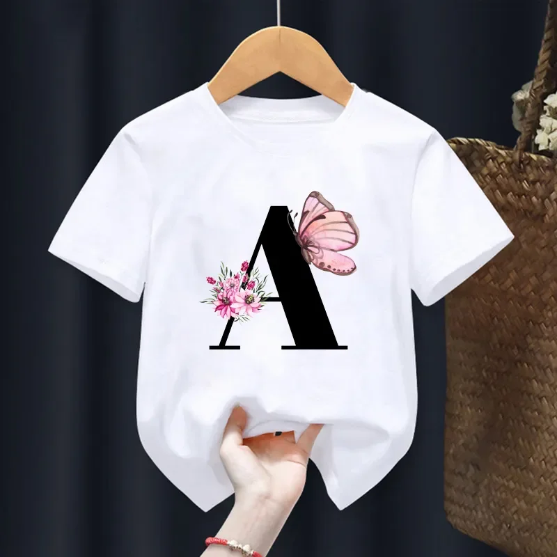 

Letters Pink Flowers And Butterflies Printed Kids T Shirt Kawaii Girls Tops Casual Baby Girl T-Shirt Summer Fashion Short Sleeve