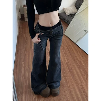 Women's Y2k Baggy Flare Jeans Harajuku Japanese 2000s Style Patchwork Denim Trouser Vintage Oversize Cargo Jeans Pants Clothes 1