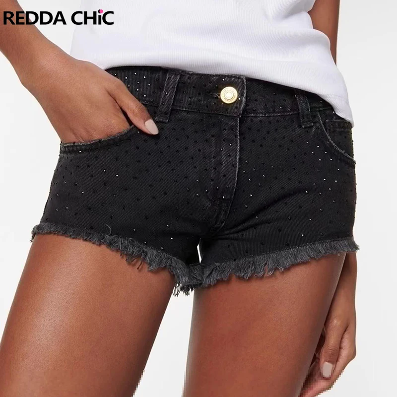 

REDDACHiC Rhinestone Frayed Women Denim Shorts Y2k Retro Low Rise Destroyed Booty Pants Black Jeans Glitter Nightclub Streetwear