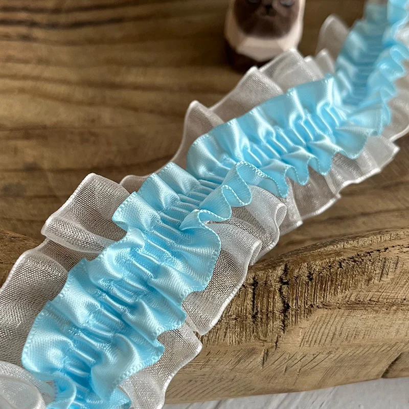 Lace Ribbon 4CM Wide White Organza Pink Blue Pleated Satin Elastic Ruffle Trim Dress Collar Neckline Sewing Decor