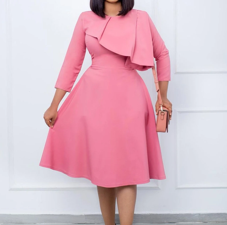 

Women's Dress 2024 Spring Festival Round Neck Ruffle Edge Solid Color Elegance Flare Dress High Waist A-Line 3/4 Sleeved Dress