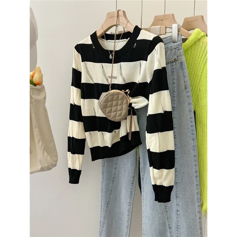 

Y2K Fashion Hollow Out Hotsweet Striped Knitted Top for Women 2023 Autumn Winter Korean Trendy Crewneck Long Sleeve Hedging Top