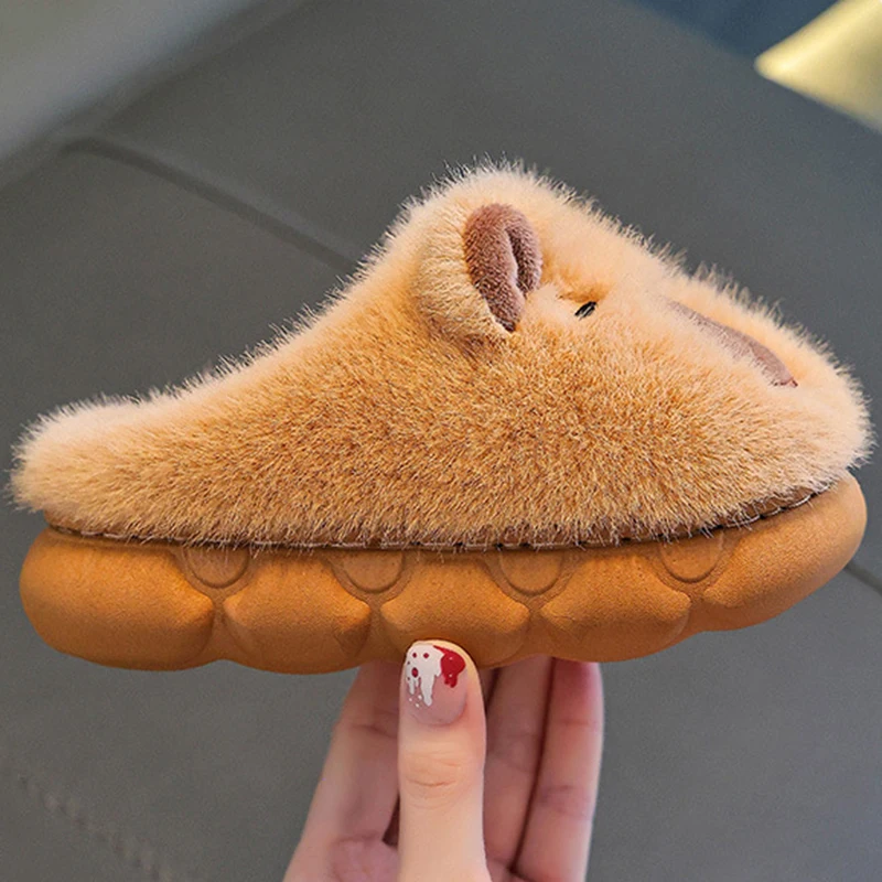 Capybara Cartoon Fluffy Slippers Children Indoor Soft Bottom Mother-Child Cotton Slippers Anti Slip Winter Warm Plush Slides 45